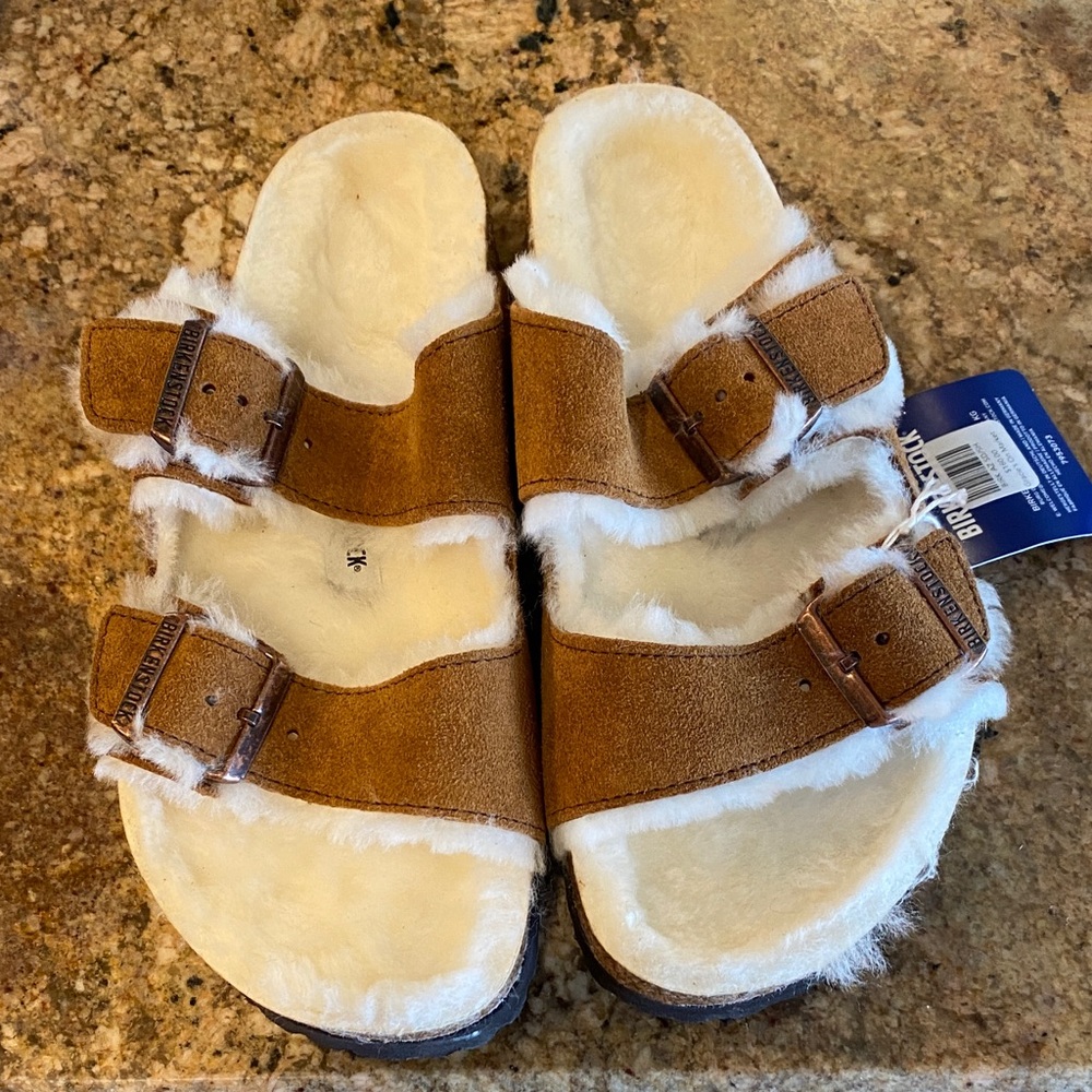 Birkenstock Tan and Cream Shearling Sandals